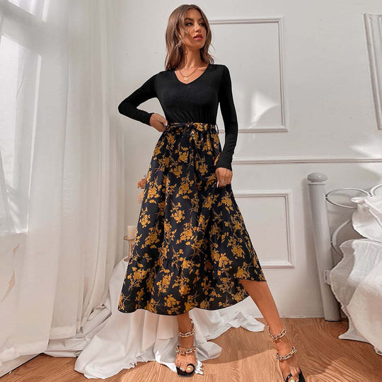 Damen figurbetontes V-Neck-Longsleeve Oberteil mit voluminösem Midi-Rock im floralem Wickelstil Shop Nory