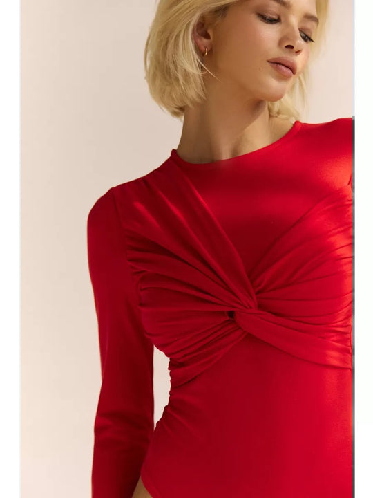Damen Figurbetonter Langarm-Body mit Drehdetail und Rundhalsausschnitt Shop Nory