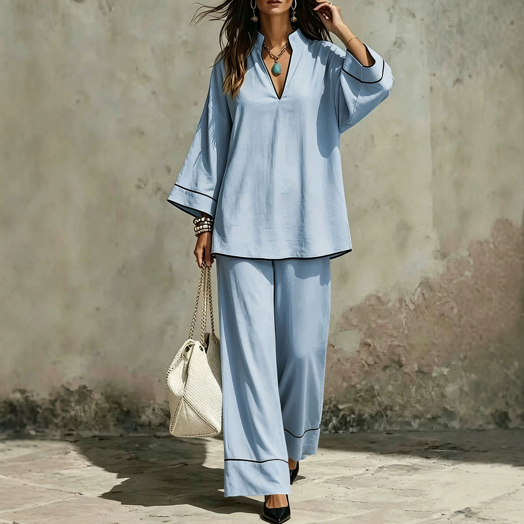 Damen Lässiges zweiteiliges Leinenoptik-Loungewear-Set mit Stehkragen, V-Ausschnitt und weitem Beinschnitt Shop Nory