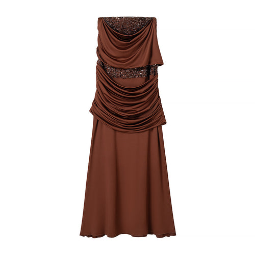 Damen Abendkleid mit schulterfreiem Drape‑Oberteil und Pailletten‑Einsatz Shop Nory
