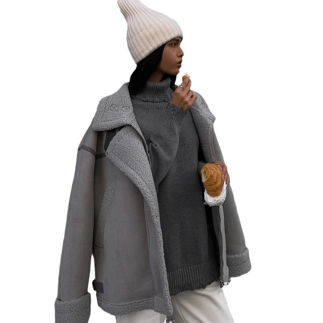 Damen Weit geschnittene Lammfellimitat-Fliegerjacke mit Kunstfellfutter Shop Nory