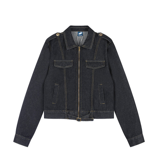 Damen Kurz geschnittene Jeansjacke mit Schulterklappen, Reißverschluss und Taillengürtel Shop Nory