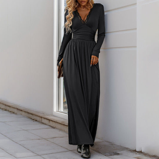 Damen Maxikleid mit V-Ausschnitt und Spitzenbesatz, tailliertem Wickeloberteil, langen Ärmeln und hohem Beinschlitz Shop Nory