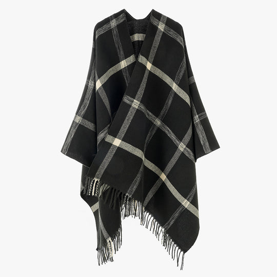Damen Weit geschnittener Karierter Poncho mit Fransen und V‑Ausschnitt Shop Nory
