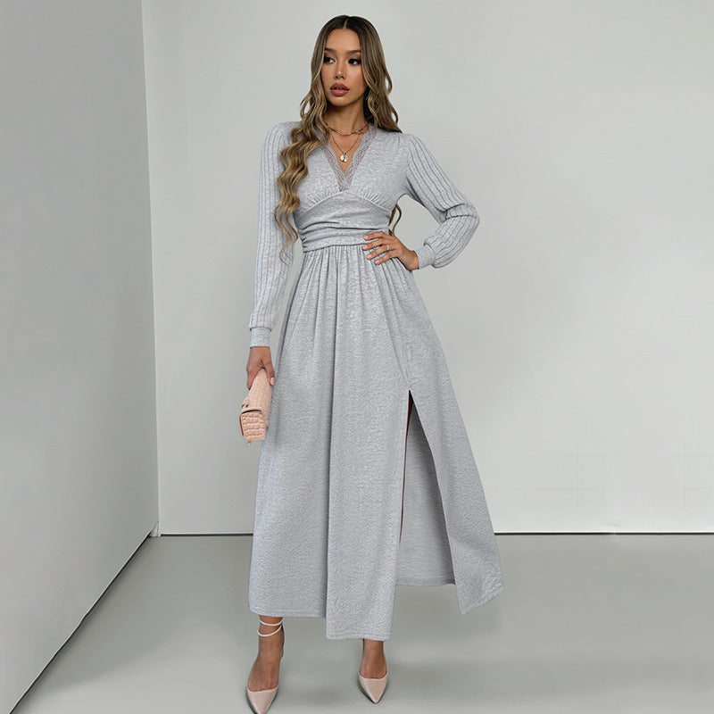 Damen Elegantes Wickel‑Maxikleid mit Spitzenbesatz, tailliertem Knotenbund und hohem Beinschlitz Shop Nory