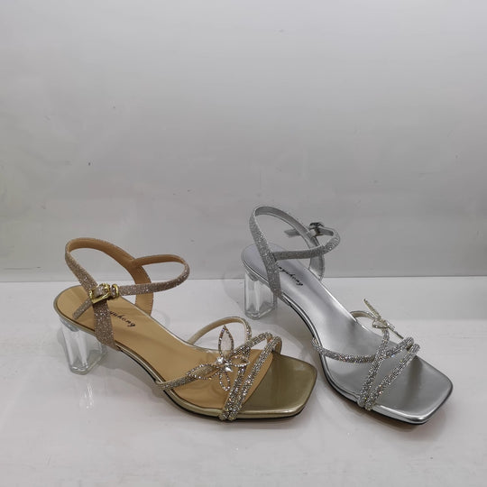 Damen Sandalette mit transparentem Blockabsatz, quadratischer Zehenbox und funkelnden Riemchen Shop Nory