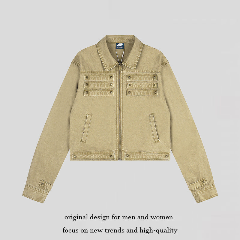 Damen Kurz geschnittene Canvas-Jacke mit Hemdkragen und Pyramidennieten Shop Nory