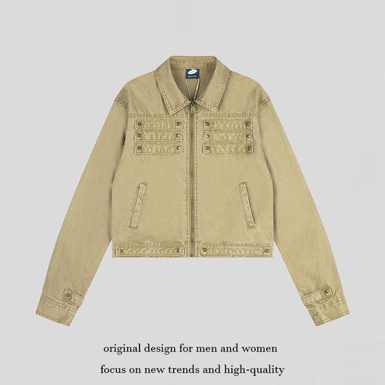 Damen Kurz geschnittene Canvas-Jacke mit Hemdkragen und Pyramidennieten Shop Nory