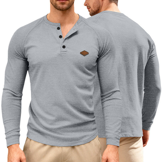 Herren nan Waffelstrick-Henley Langarmshirt mit Raglanärmeln, Halbknopfleiste und Lederlabel Shopnory