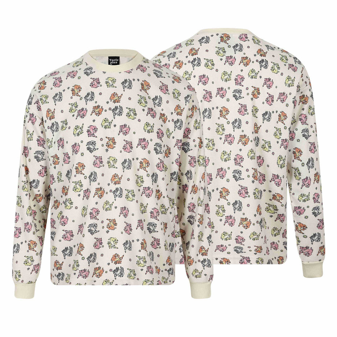 Damen Waffel‑Thermalshirt mit verspieltem Allover‑Print und geripptem Rundhals Shop Nory