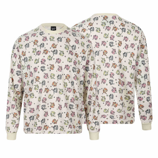 Damen Waffel‑Thermalshirt mit verspieltem Allover‑Print und geripptem Rundhals Shop Nory