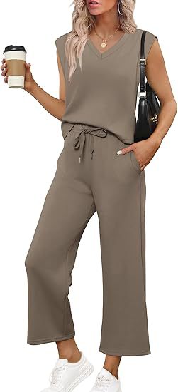 Damen Lässiges Zweiteiliges Lounge-Set mit Ärmellosem V-Neck-Top und Weiten Kordelbund-Hosen Shop Nory