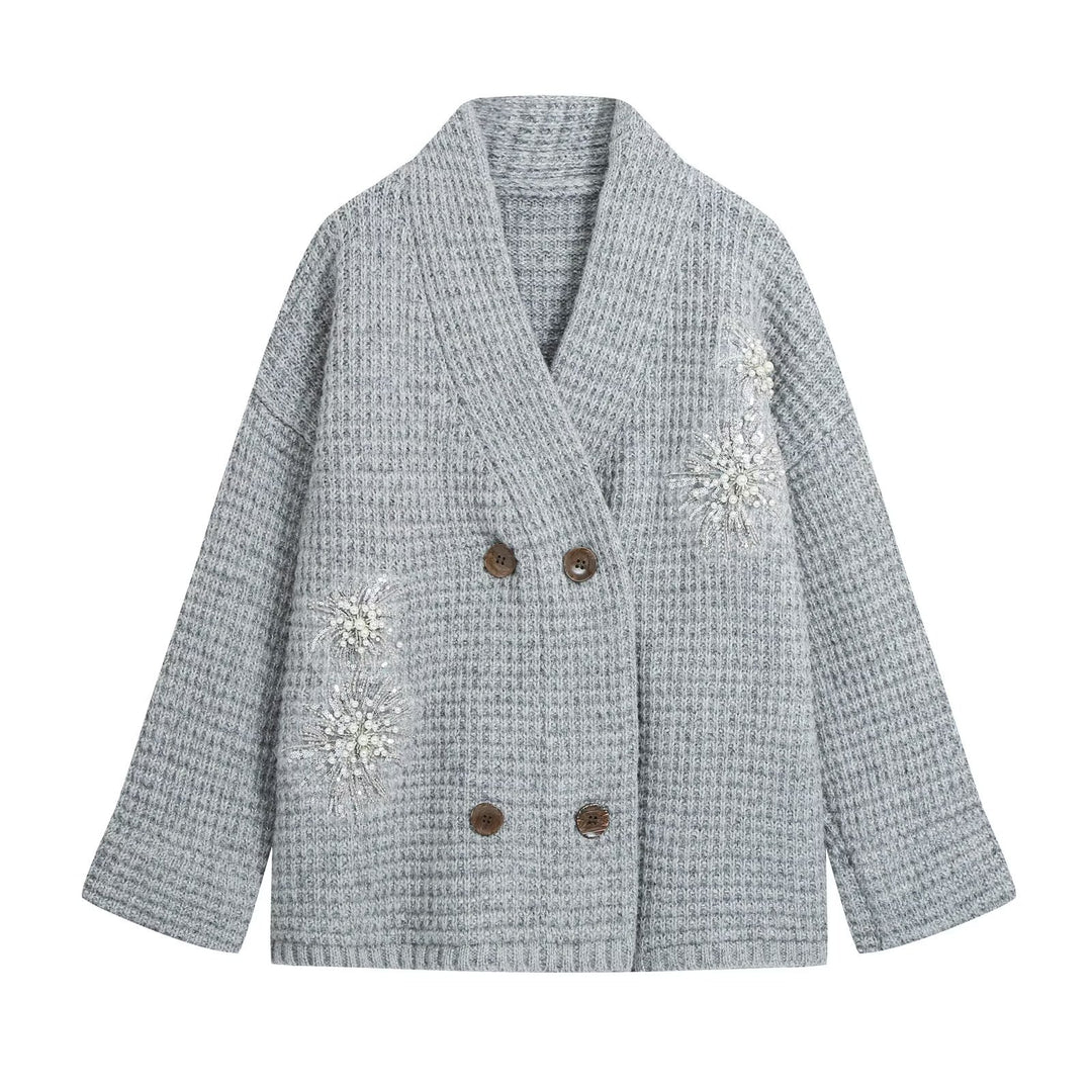 Damen Waffel-Strick-Cardigan mit doppelreihiger Knopfleiste und Schmuckapplikation Shop Nory