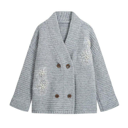 Damen Waffel-Strick-Cardigan mit doppelreihiger Knopfleiste und Schmuckapplikation Shop Nory