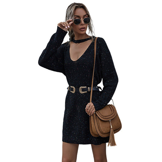Damen Elegantes Strickkleid mit tiefem Ausschnitt und Gürtel Shop Nory
