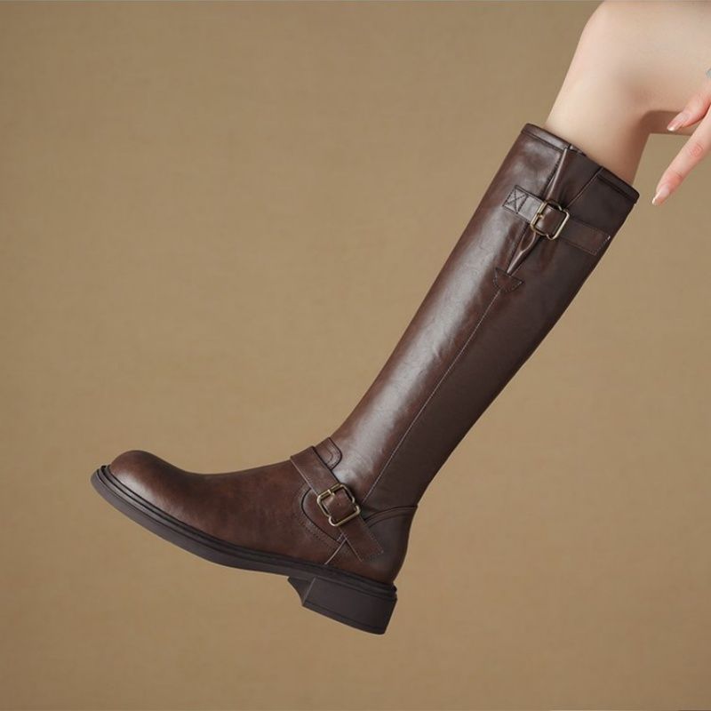 Damen Kniehohe Combat‑Stiefel mit glatter Lederoptik, seitlichem Reißverschluss und Deko‑Schnallen Shop Nory