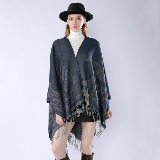 Damen Wendbarer Feinstrick-Poncho mit Jacquardmuster und Fransensaum Shop Nory