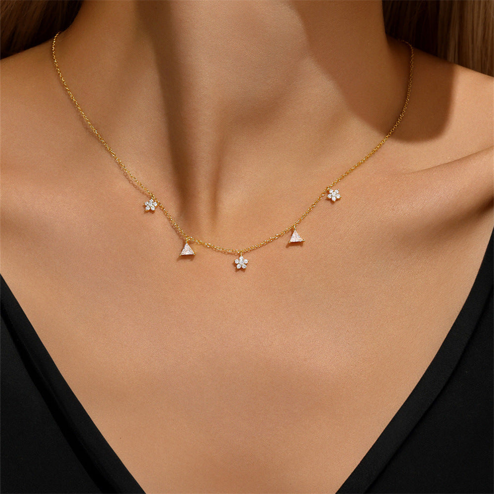 925 Sterling Silber Zirkon Kabelkette Plattierung Dreiecksblume Multi Charms Halskette | Shop Nory