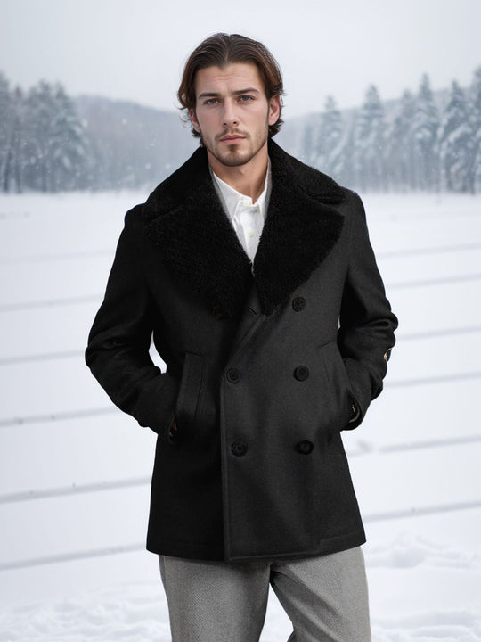 Herren Doppelreihiger Kurzmantel aus Wollmix mit großem Teddykragen Shop Nory