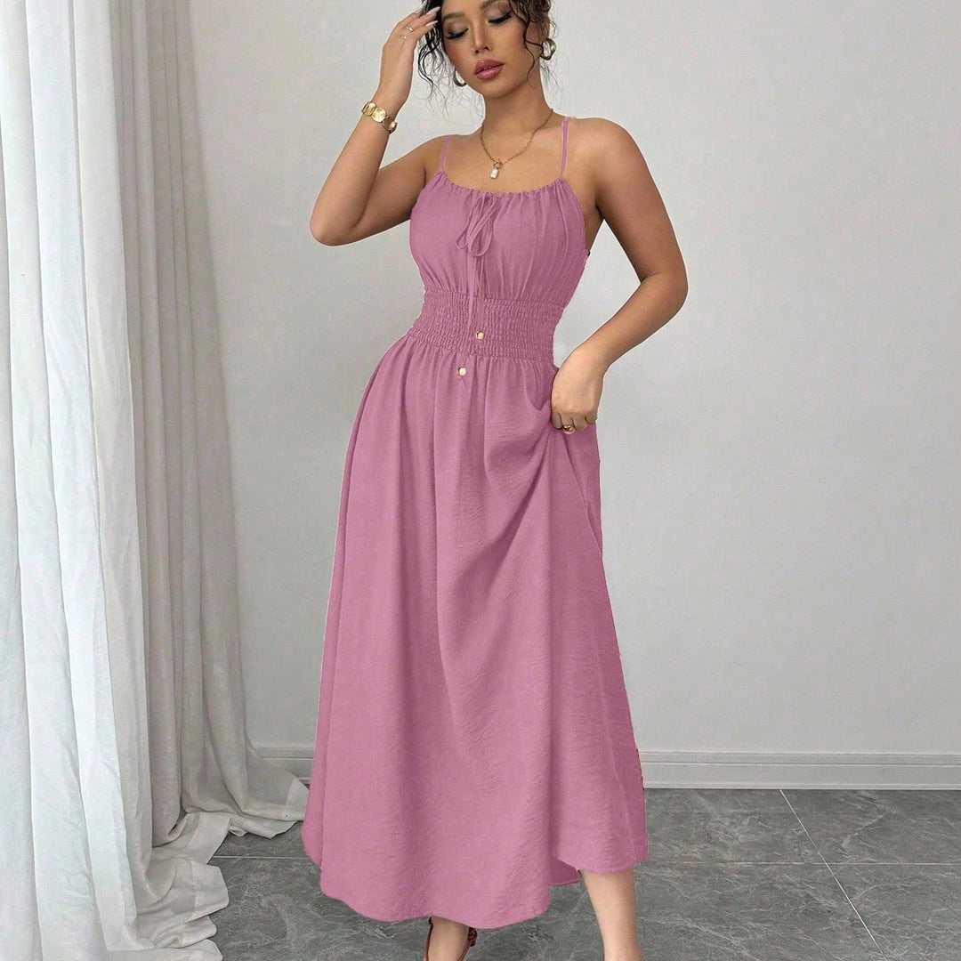 Damen Midikleid mit Smokbund, Spaghettiträgern und Bindekordel Shop Nory