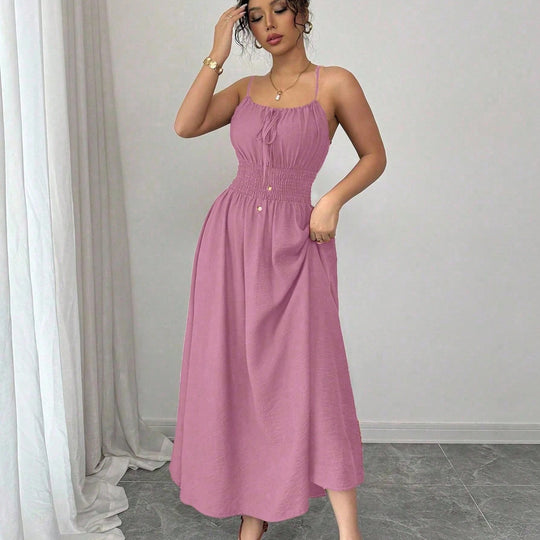 Damen Midikleid mit Smokbund, Spaghettiträgern und Bindekordel Shop Nory