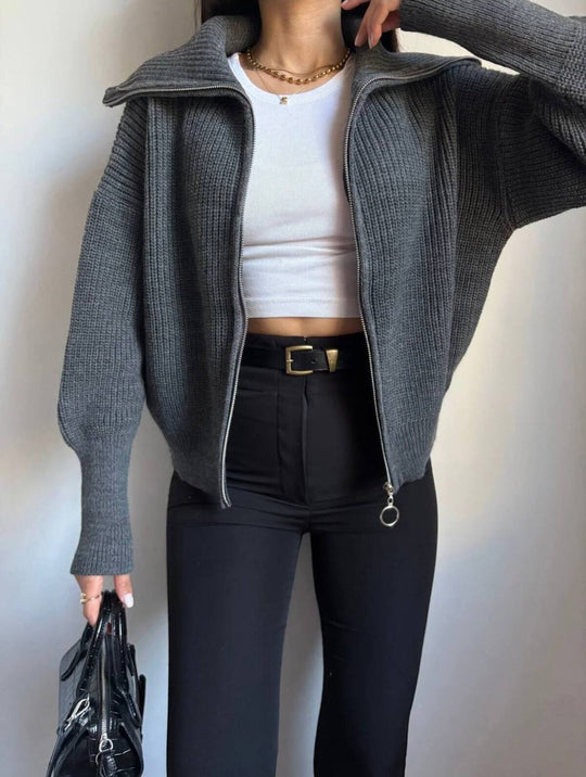 Damen Oversize Strickjacke mit Reißverschluss und hohem Kragen Shop Nory