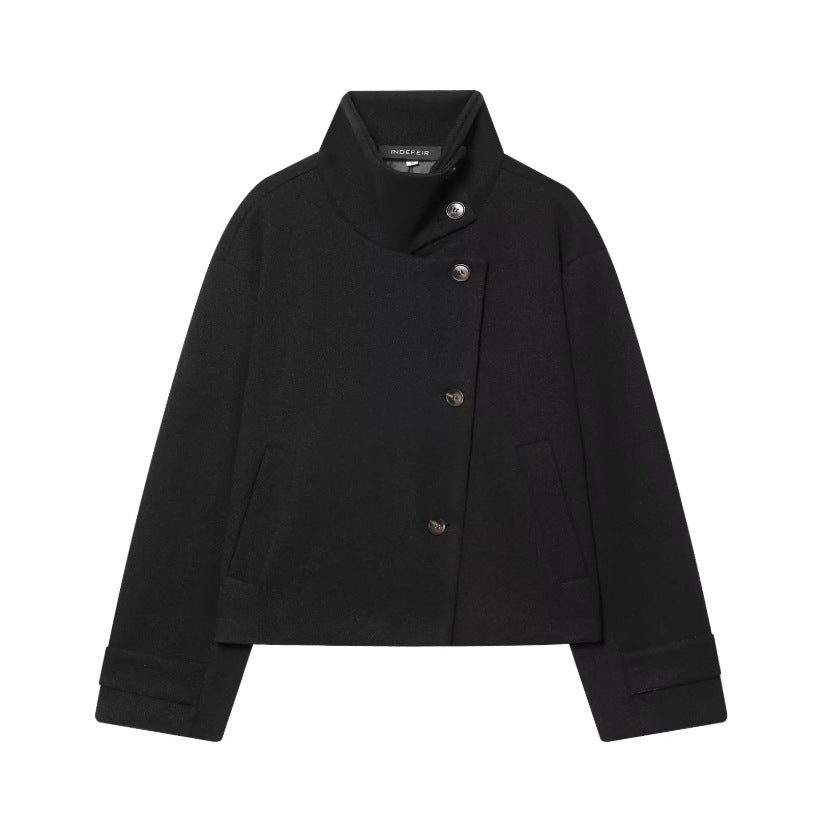 Damen Cropped Wollmix-Kurzjacke mit hohem Stehkragen, asymmetrischer Knopfleiste und Krempelmanschetten Shop Nory