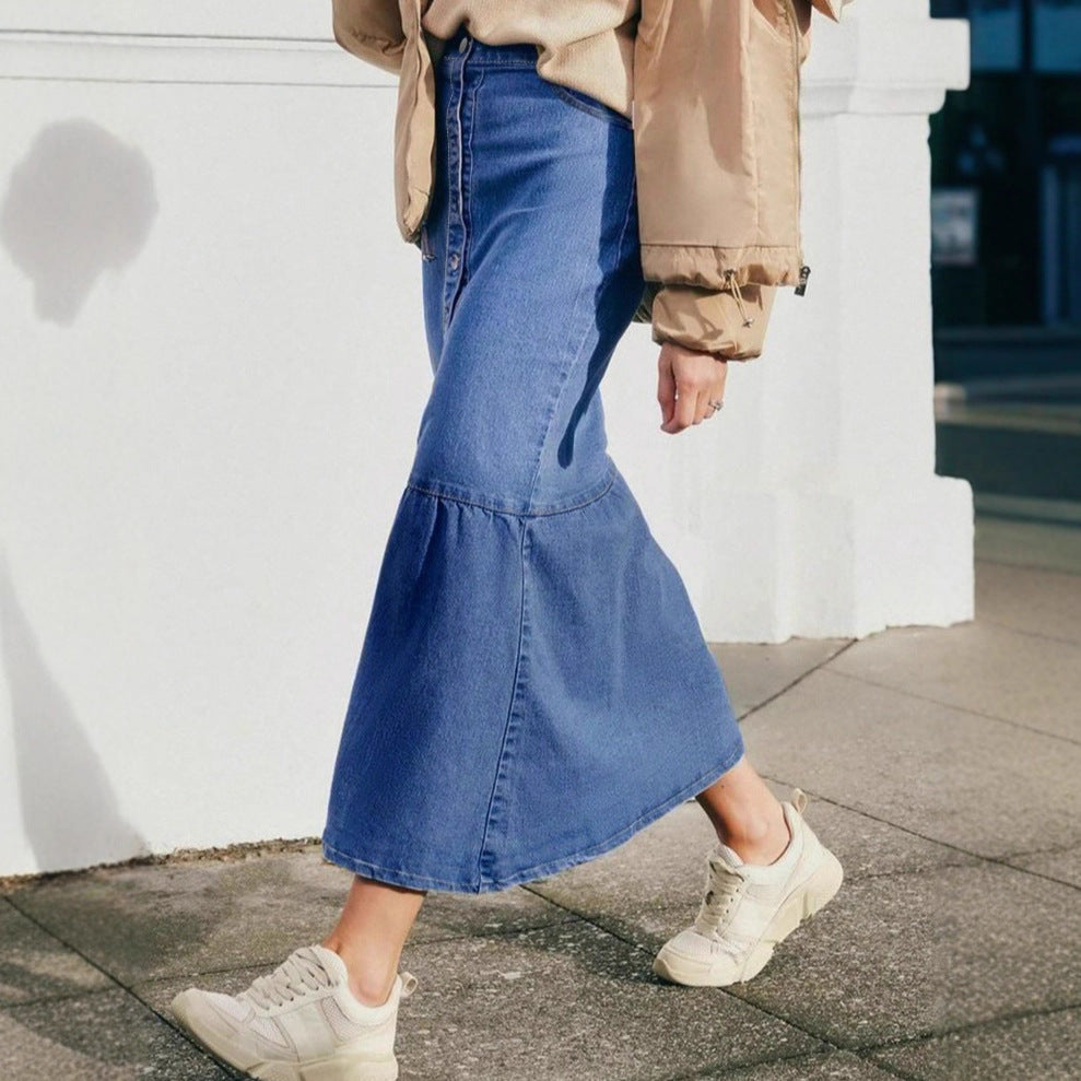 Damen Hochtaillierter Maxi-Jeansrock mit durchgehender Knopfleiste und hohem Frontschlitz Shop Nory