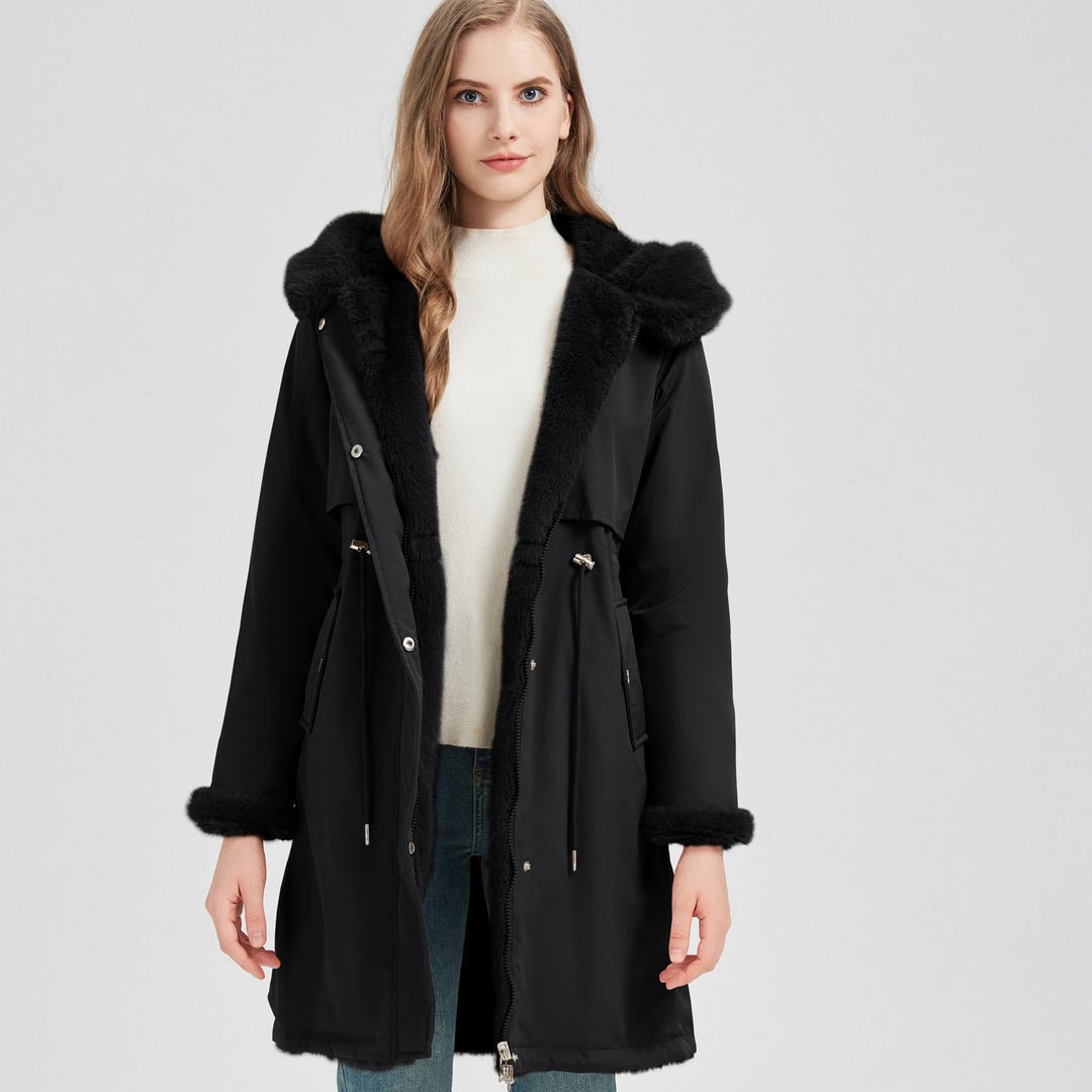 Damen nan taillierter langer Thermoparka mit Webpelzbesatz an Kapuze und Ärmeln sowie Kordeltaille Shop Nory