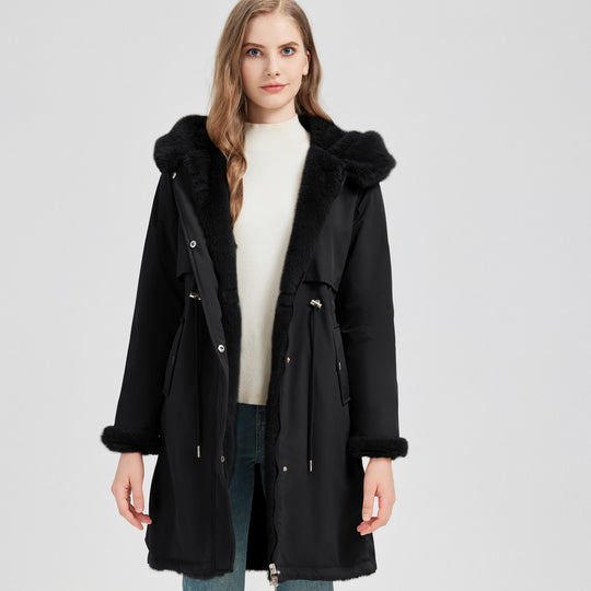 Damen nan taillierter langer Thermoparka mit Webpelzbesatz an Kapuze und Ärmeln sowie Kordeltaille Shop Nory