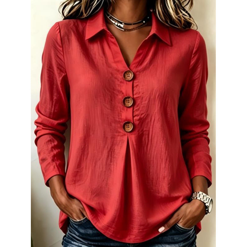 Damen Langarm-Bluse mit Holzknopfleiste und Vorderfalte Shop Nory
