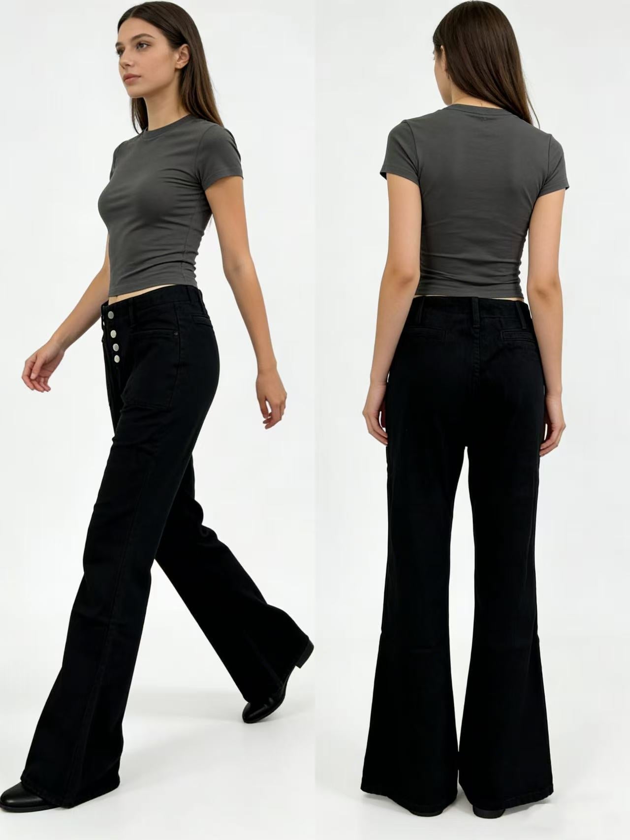 Damen Bootcut-Jeans mit hohem Bund und knöpfbarem Verschluss Shopnory