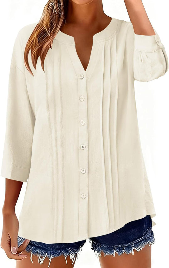 Damen Lockeres Tunikashirt mit Kellerfalten und dreiviertel Ärmeln Shop Nory