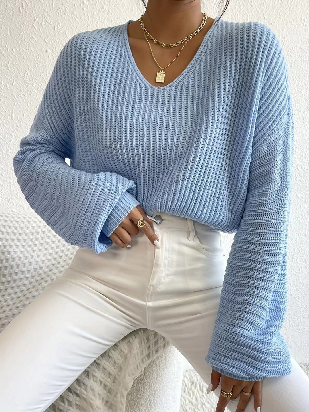 Damen V-Pullover mit weiten Ärmeln und strukturiertem Strickmuster