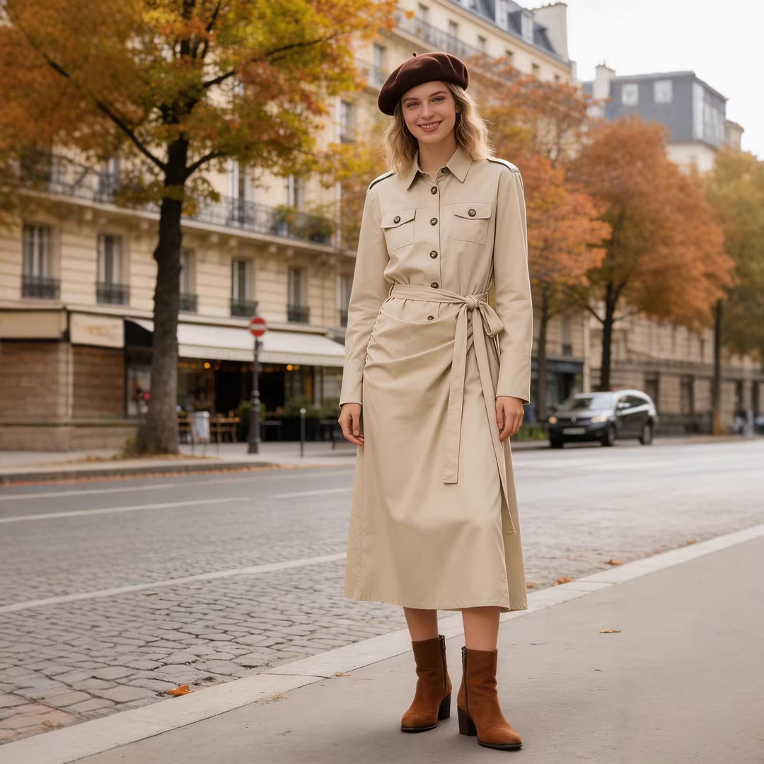 Damen Hemdblusenkleid mit Knotenbindegürtel, Pattentaschen und schmaler Taille Shop Nory