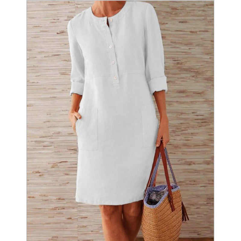 Damen Locker geschnittenes Leinenoptik-Kleid mit dreiviertel-Ärmeln, Knopfleiste und Eingrifftaschen Shop Nory