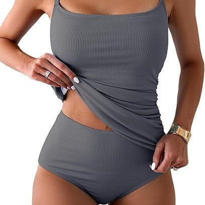 Damen Hochtaillierter Badeanzug mit Ripp-Design Shopnory