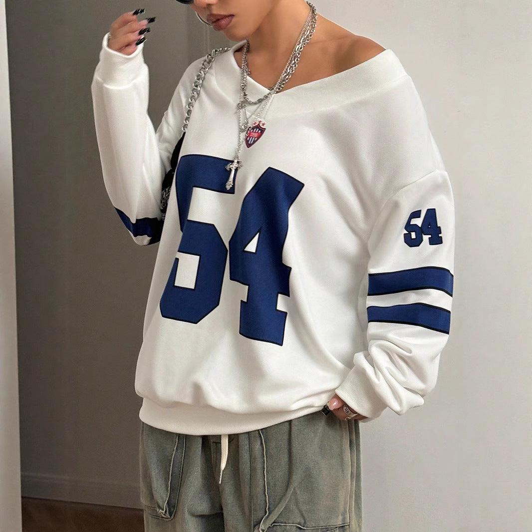 Damen Lockeres College-Sweatshirt im Off-Shoulder-Look mit großem Nummernprint Shop Nory