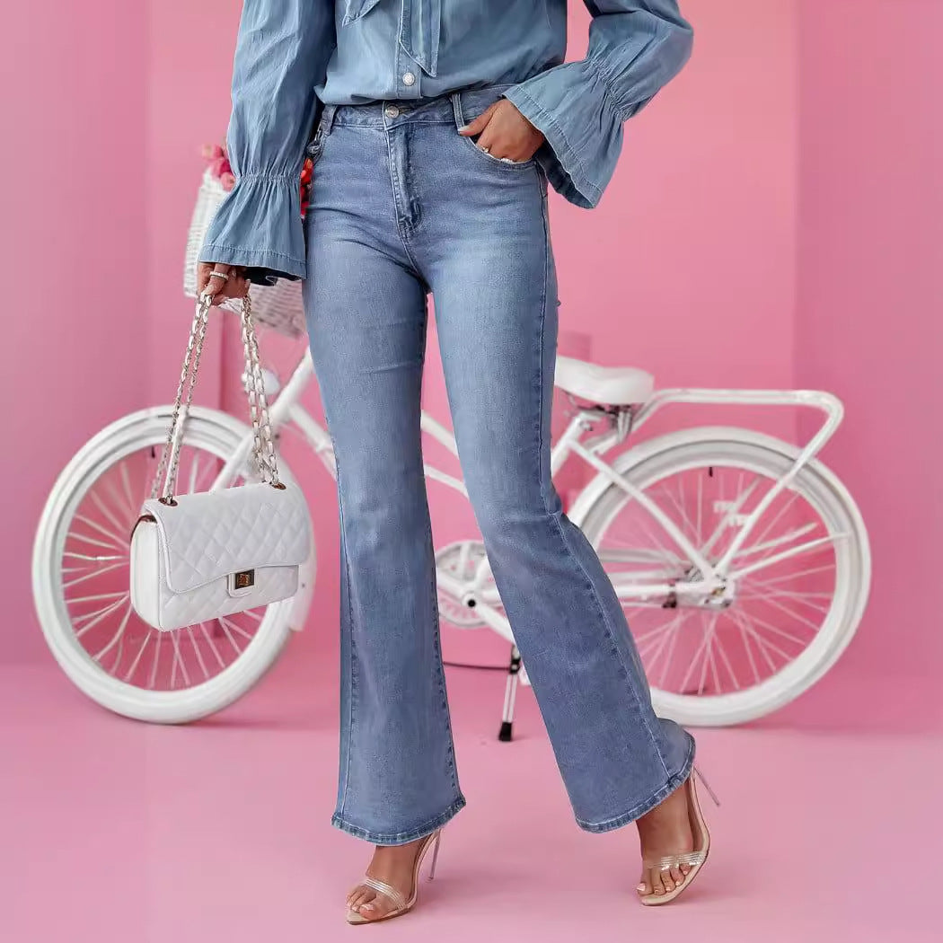 Damen Denim Hemd mit Rüschen und Schleifen-Details