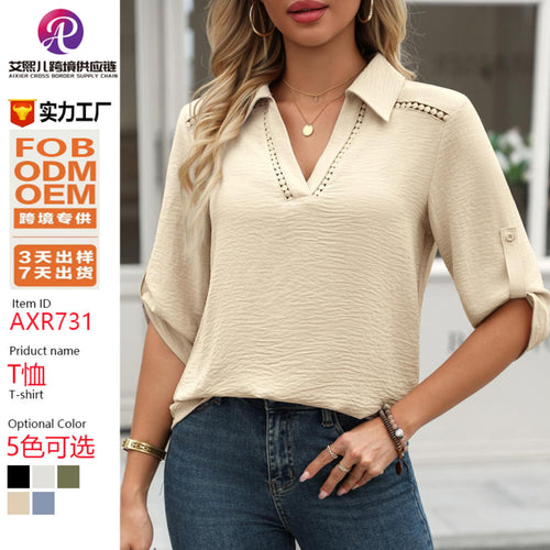 Damen Bluse mit V-Ausschnitt, gehäkelter Spitzenpasse und krempelbaren Dreiviertelärmeln Shop Nory