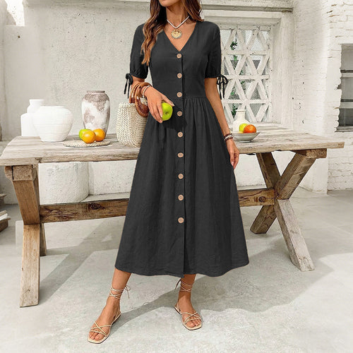 Damen Knielanges Knopfkleid aus leichtem Baumwollmix mit V-Ausschnitt Shop Nory