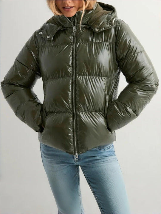 Damen Hochglanz Steppjacke mit Kapuze