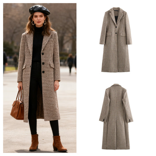 Damen Lang geschnittener Karo-Mantel aus Wollmix mit taillierter Silhouette, Reverskragen und Pattentaschen Shop Nory