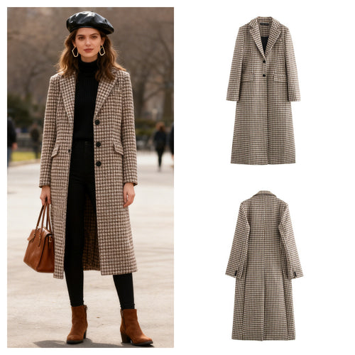 Damen Lang geschnittener Karo-Mantel aus Wollmix mit taillierter Silhouette, Reverskragen und Pattentaschen Shop Nory