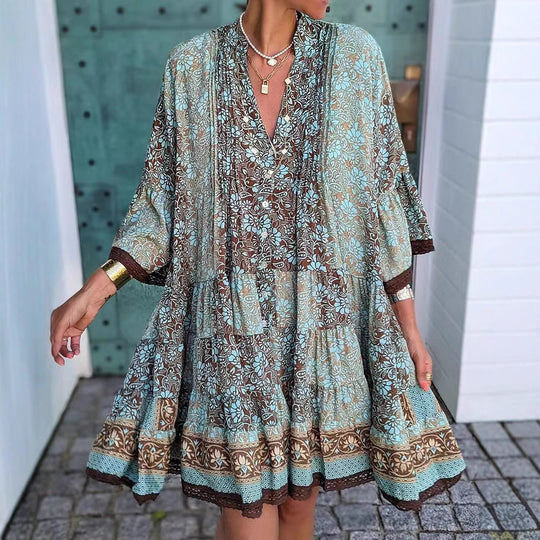 Damen nan luftiges Boho-Stufenkleid mit V-Ausschnitt weiten Fledermausärmeln und Spitzenbordüre Shopnory