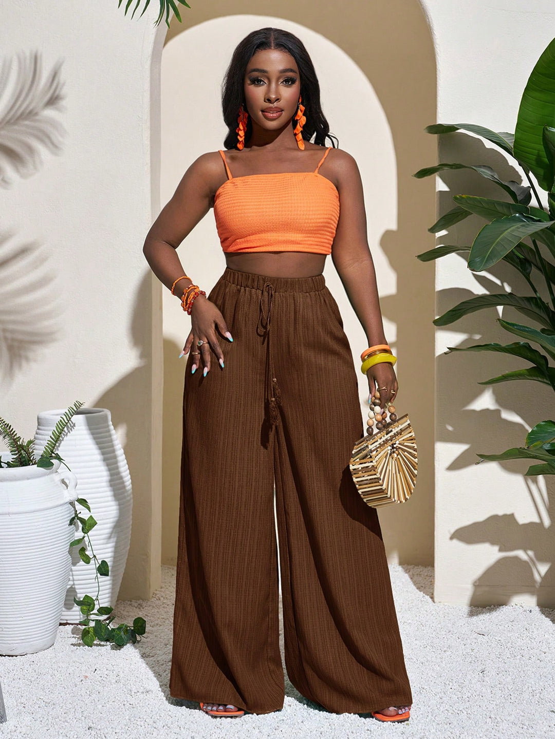 Damen Palazzo-Hose mit hohem Bund, elastischem Kordelzug und weitem Bein Shop Nory