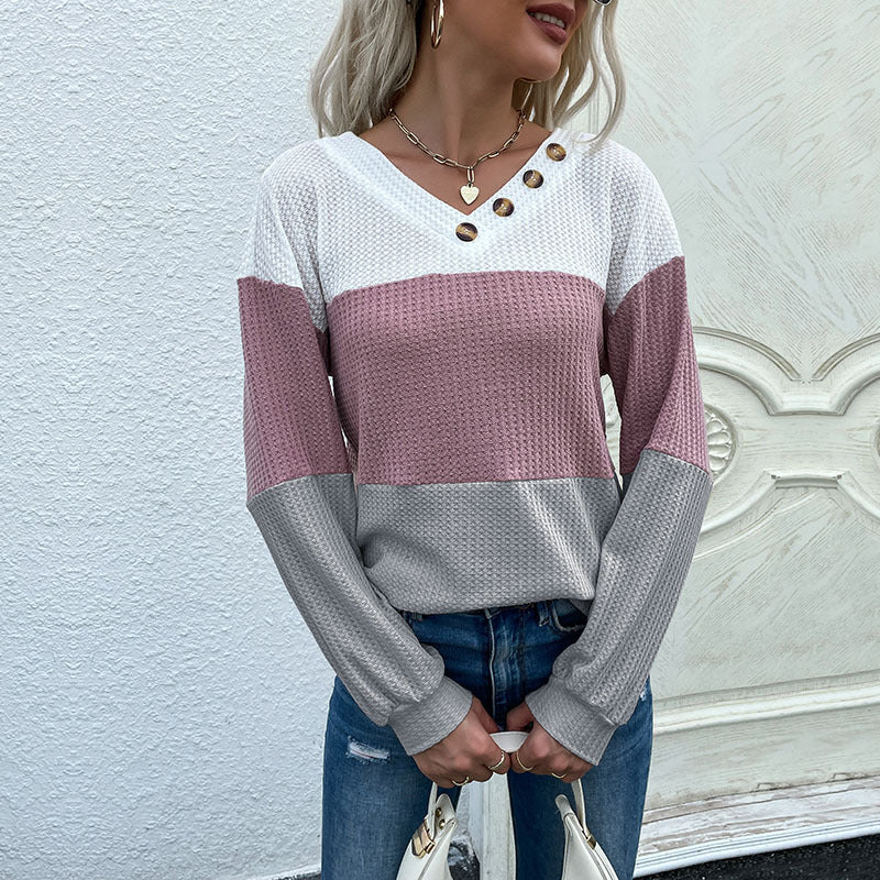 Damen Farbenblock Waffelstrick-Top mit V-Ausschnitt und Zierknopfleiste Shop Nory