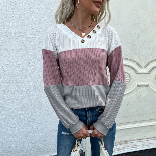 Damen Farbenblock Waffelstrick-Top mit V-Ausschnitt und Zierknopfleiste Shop Nory