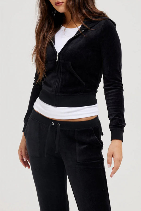 Damen Samtvelours Cropped-Zipjacke mit Kängurutasche und hochgeschnittener Bündchenhose Shop Nory