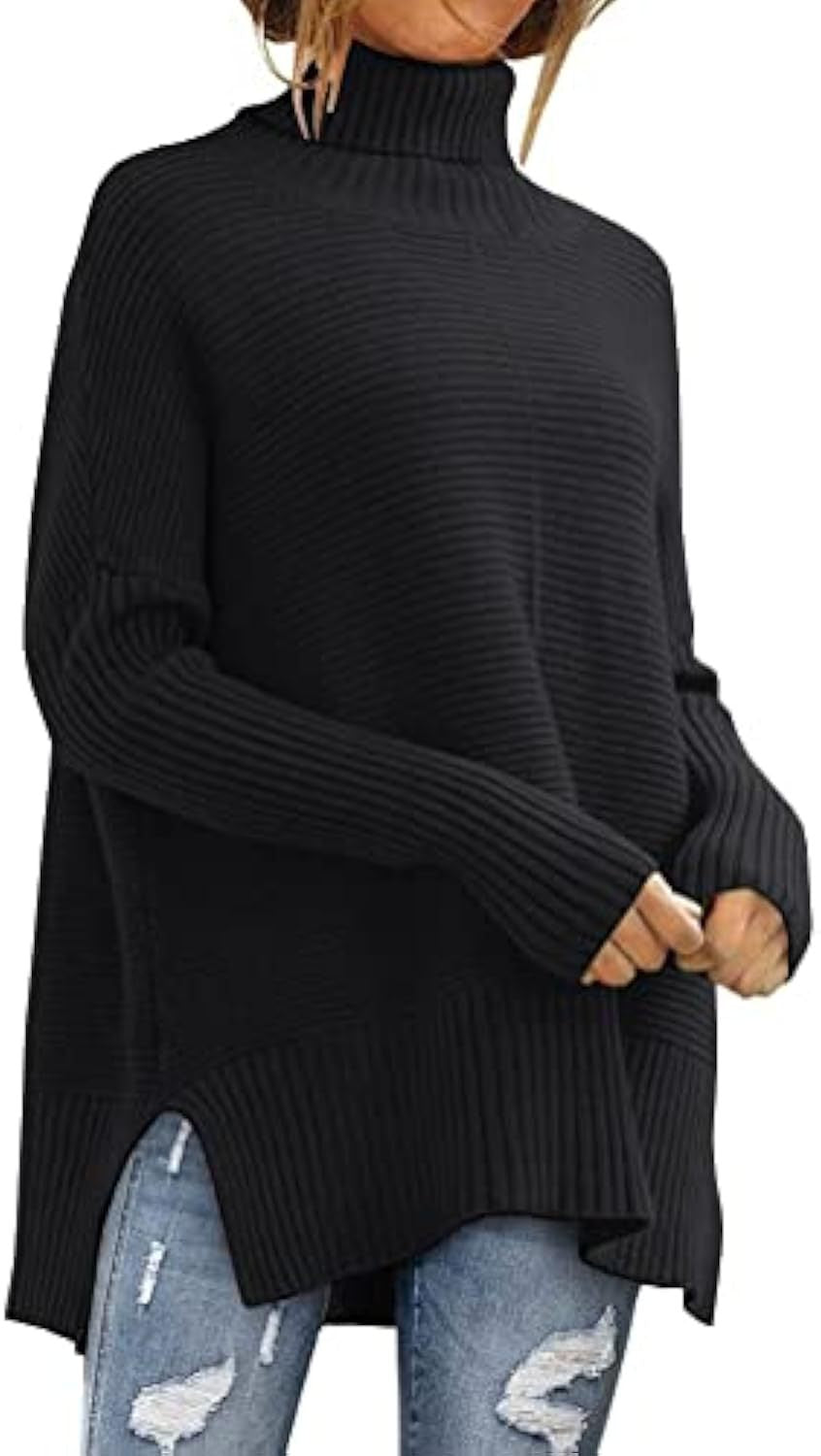 Damen Oversize-Rippenstrick Rollkragenpullover mit Seitenschlitzen und verlängertem Saum Shop Nory